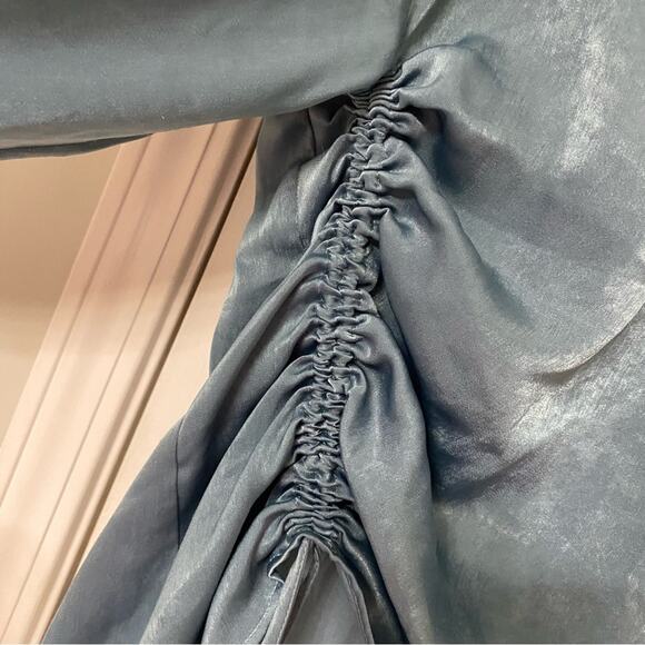 ZARA • Blue Green Satin Drawstring Long Sleeve Gypsy Blouse Top - Picture 5 of 8
